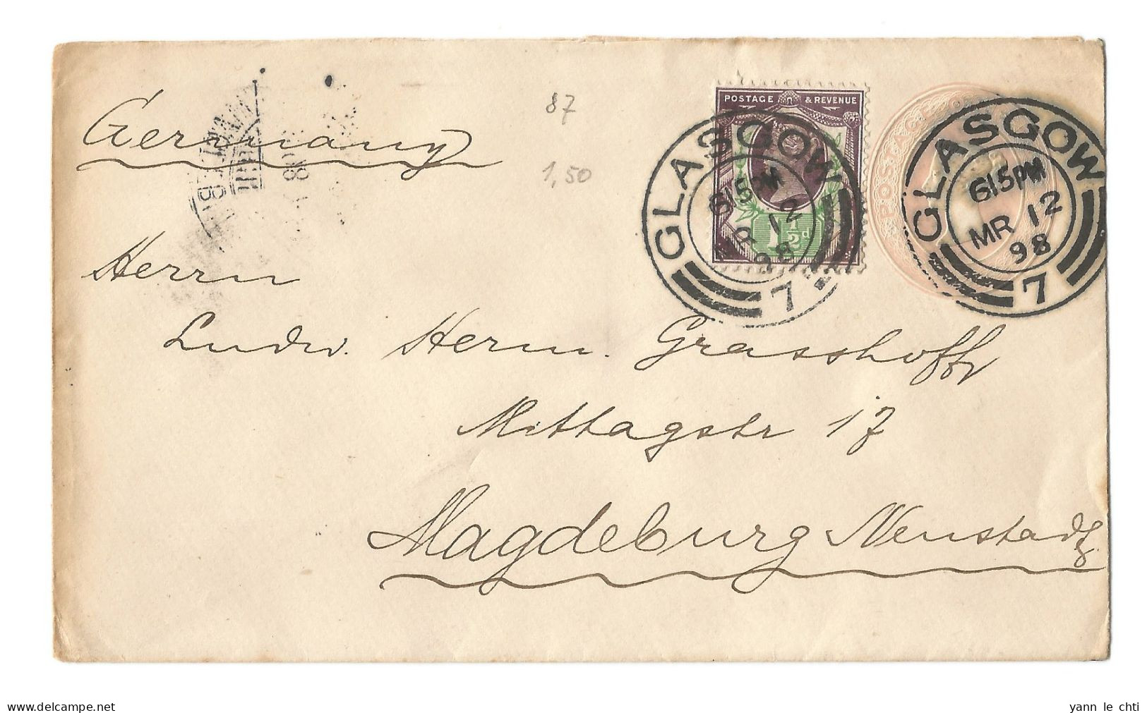 Cover Enveloppe Brief 1898 Glasgow UK Nach Magdeburg Deutschland Germany Postal Stationery - Brieven En Documenten