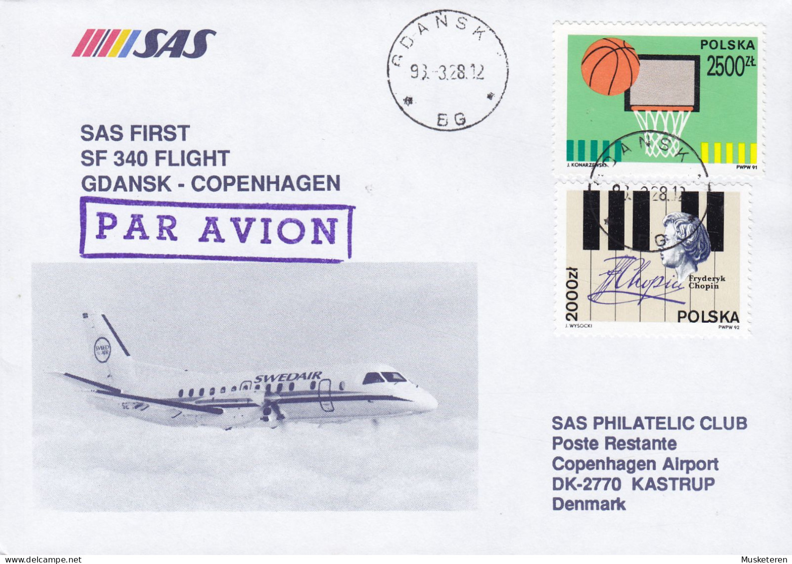 Poland SAS First SF 340 Flight GDANSK-COPENHAGEN, GDANSK 1993 Cover Brief Lettre Basketball & Chopin - Avions