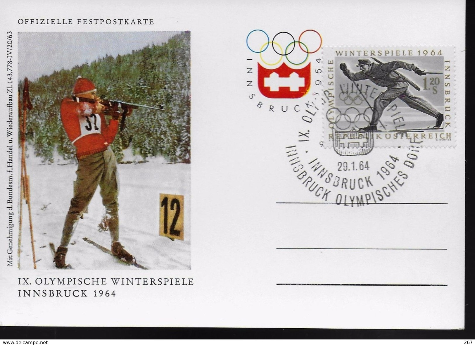 AUTRICHE    FDC  Carte  Jo   1964  Ski Tir Biathlon - Shooting (Weapons)