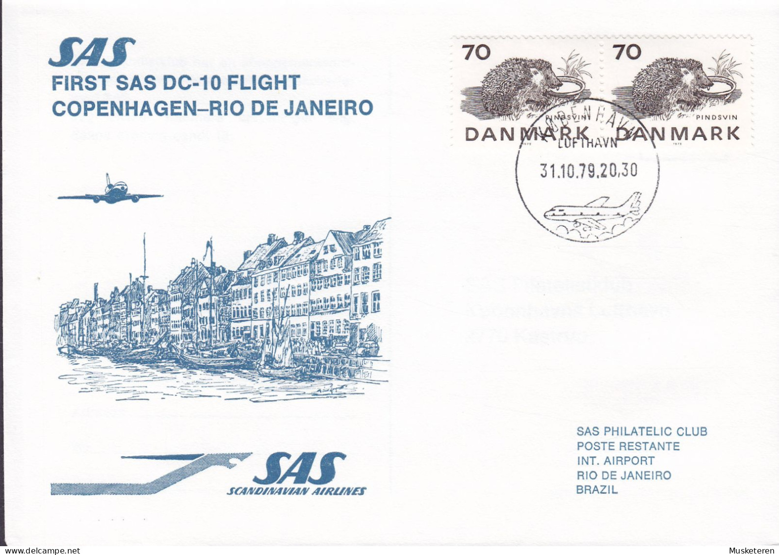 Denmark First SAS DC-10 Flight COPENHAGEN-RIO DE JANEIRO Brazil KØBENHAVN 1979 Cover Brief WWF Panda Issue Hedgehog Pair - Airmail