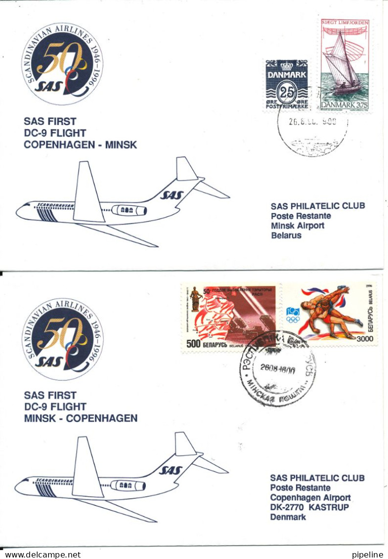 Denmark - Belarus SAS First DC-9 Flight Copenhagen - Minsk 26-8-1996 And Return 2 Covers - Storia Postale