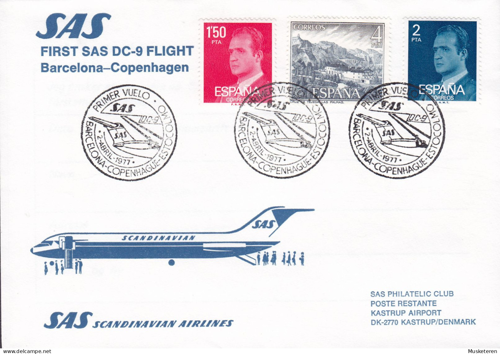 Spain First SAS DC-9 Flight BARCELONA-COPENHAGEN 1977 Cover Brief Lettre Brotype KØBENHAVN OMK (**34.) (Arr.) - Storia Postale