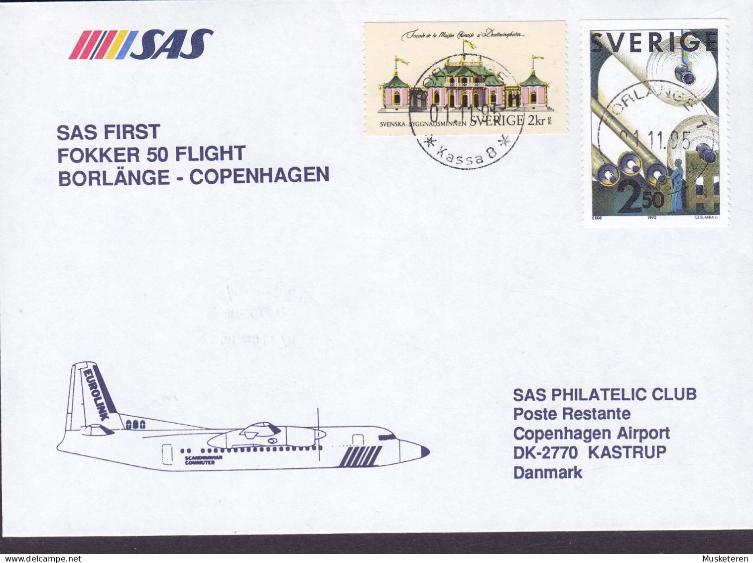 Sweden SAS First Fokker 50 Flight BORLÄNGE-COPENHAGEN, BORLÄNGE 1995 Cover Brief Lettre KØBENHAVN (Cz. Slania) - Lettres & Documents