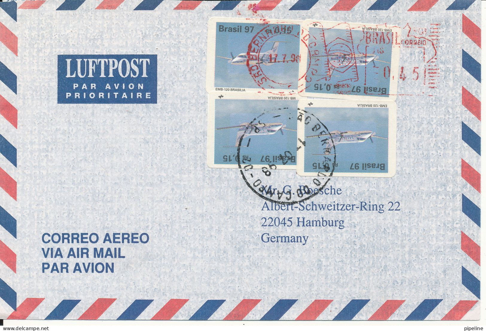 Brazil Air Mail Cover Sent To Germany 1-7-1998 Topic Stamps AEROPLANES - Poste Aérienne