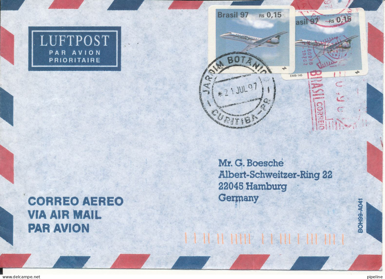 Brazil Air Mail Cover Sent To Germany 21-7-1997 Topic Stamps AEROPLANES - Luchtpost