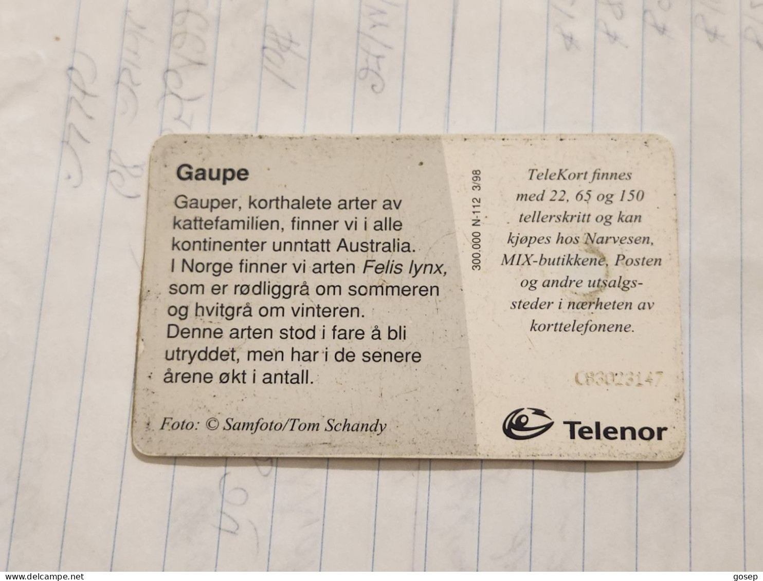 Norway-(N-112)-Gaupe / Lynx-(22 Tellerskritt)-(68)-(C83023147)-used Card+1card Prepiad Free - Norvège