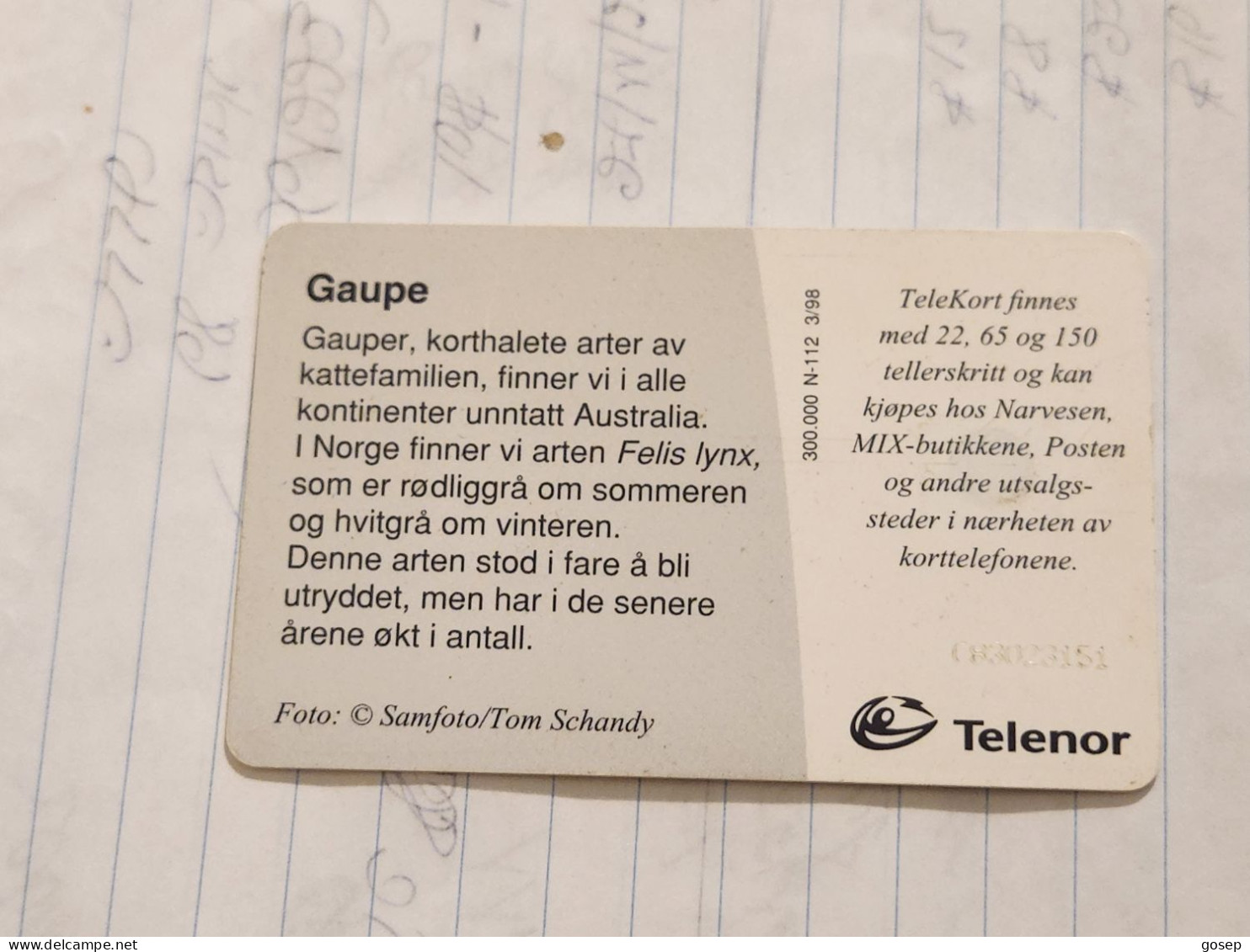 Norway-(N-112)-Gaupe / Lynx-(22 Tellerskritt)-(69)-(C83023151)-used Card+1card Prepiad Free - Norvège