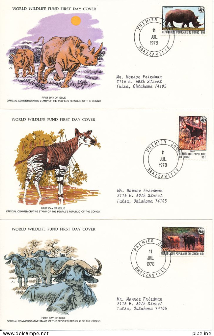 Peoples Republic Of Congo FDC WWF Stamps 11-7-1978 With WWF Panda On The Stamps Set Of 3 On 3 Covers With Cachet - FDC