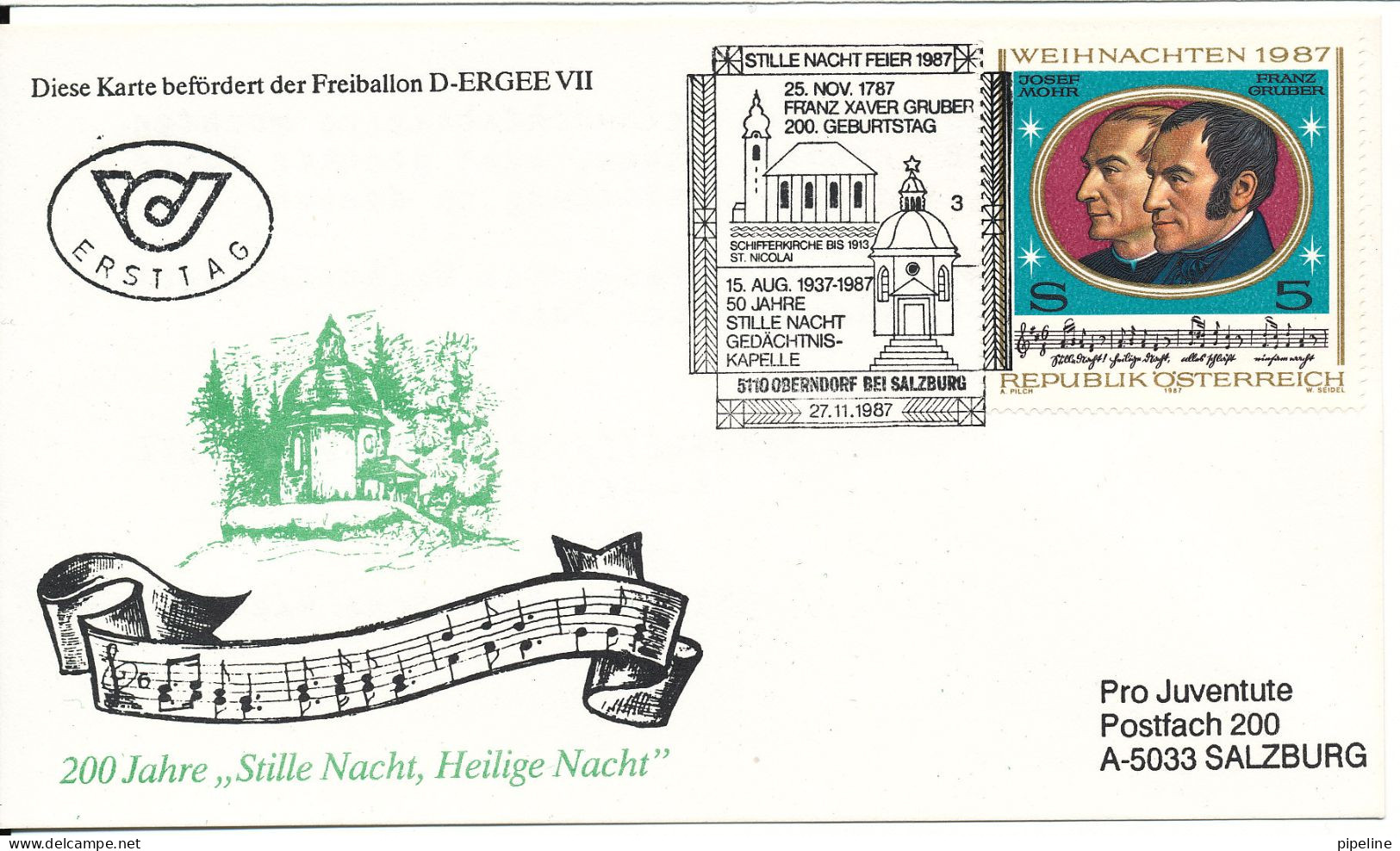 Austria Balloonflight Card FDC 200th Years Anniversary Stille Nacht, Heilige Nacht - Ballons