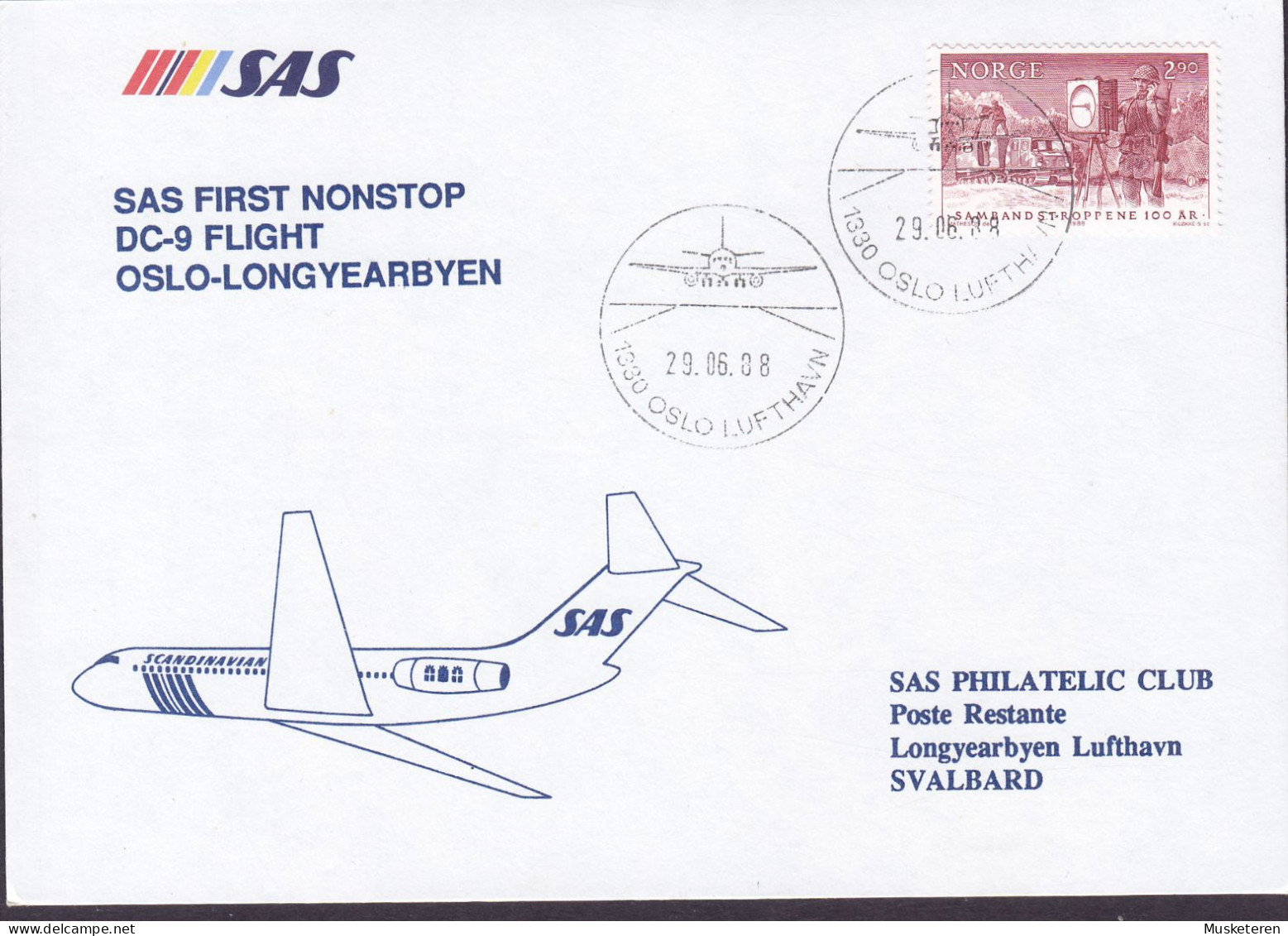 Norway SAS First Nonstop DC-9 Flight OSLO-LONGYEARBYEN Svalbard OSLO LUFTHAVN 1988 Cover Brief Lettre LONGYEARBYEN (Arr. - Lettres & Documents