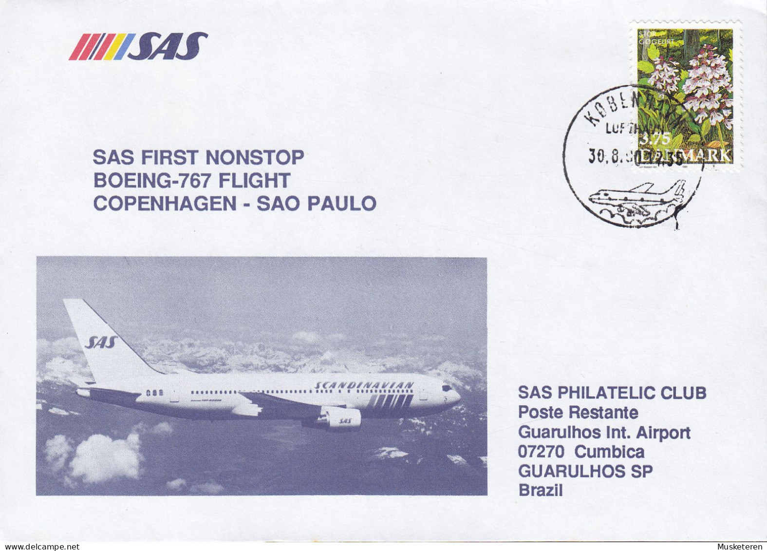 Denmark SAS First Nonstop Boeing-767 Flight COPENHAGEN-SAO PAULO 1990 Cover Brief Lettre GUARULHOS (Arr.) Brazil - Aéreo