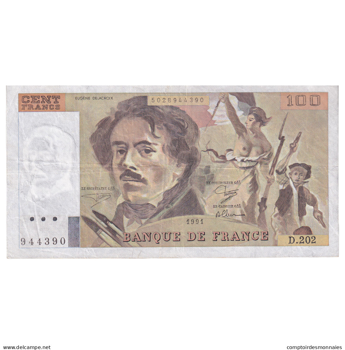 France, 100 Francs, Delacroix, 1991, D.202, TTB, Fayette:69bis.3c1, KM:154f - 100 F 1978-1995 ''Delacroix''