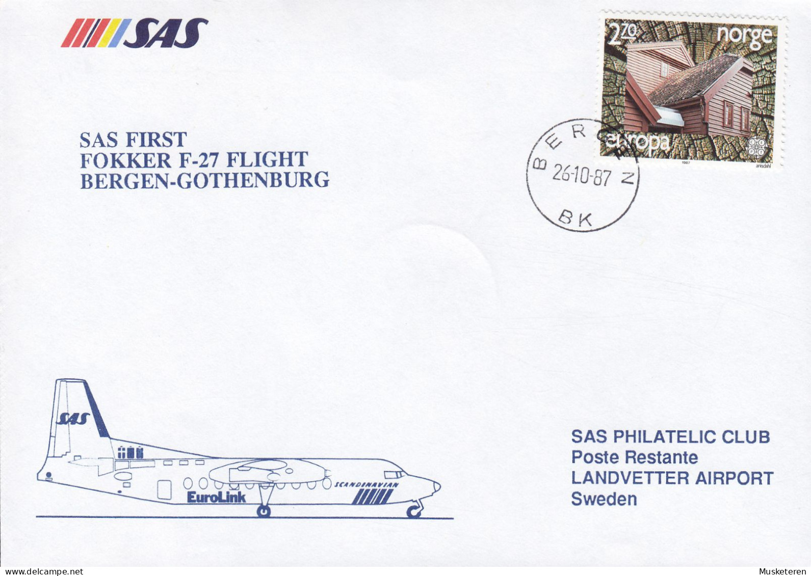 Norway SAS First Fokker F-27 Flight BERGEN-GOTHENBURG, BERGEN 1987 Cover Brief LANDVETTER (Arr.) Europa CEPT - Storia Postale