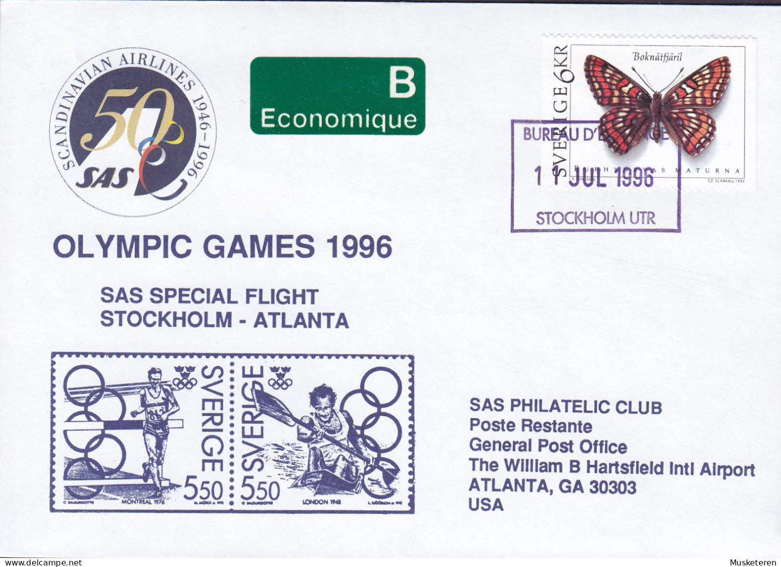 Sweden B-Economique Label SAS Special Flight Olympic Games STOCKHOLM-ATLANTA 1996 Cover Brief Butterfly Papillon - Storia Postale