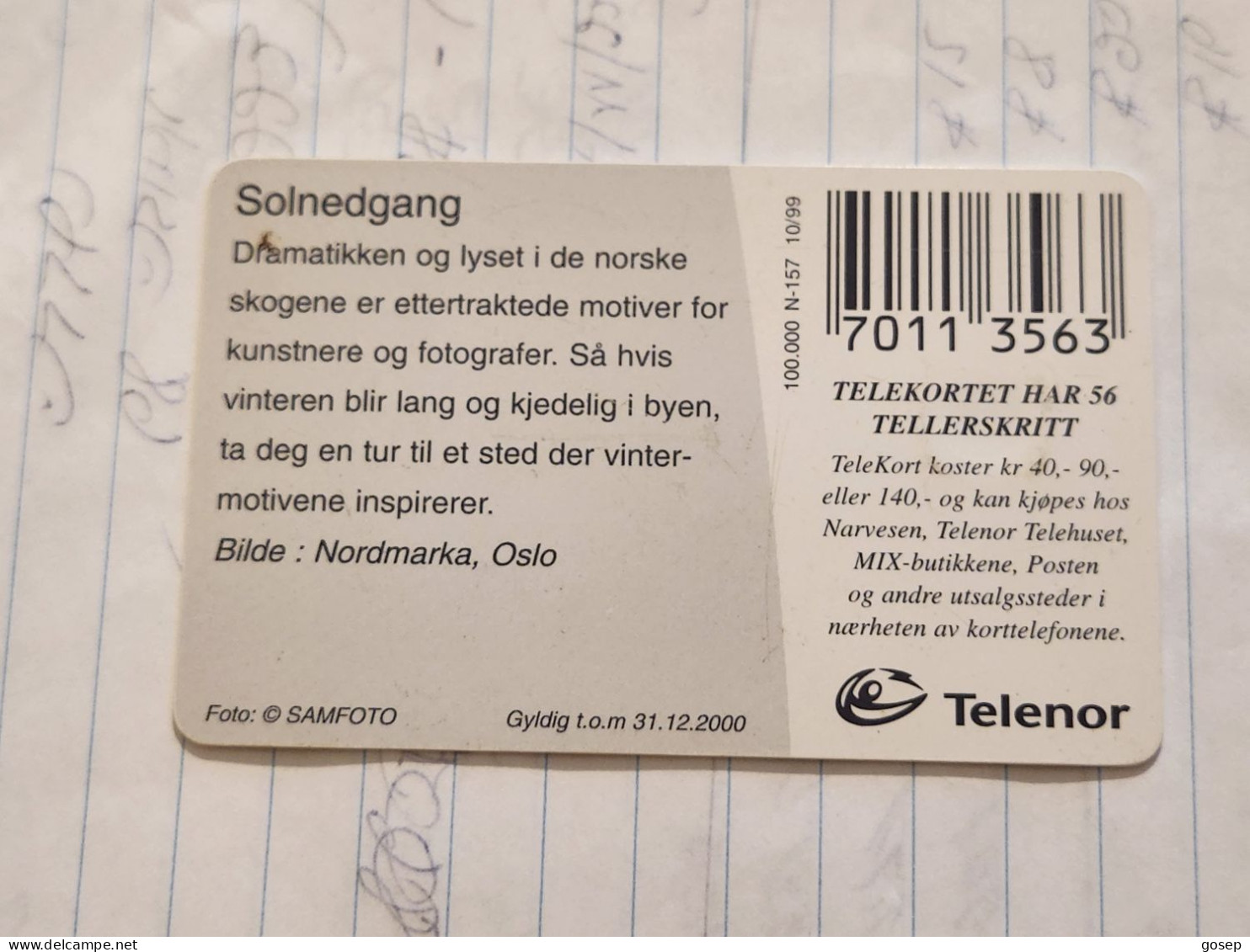 Norway-(N-157)-Solnedgang-(KR 90)-(74)-(1.10.99)-used Card+1card Prepiad Free - Noruega