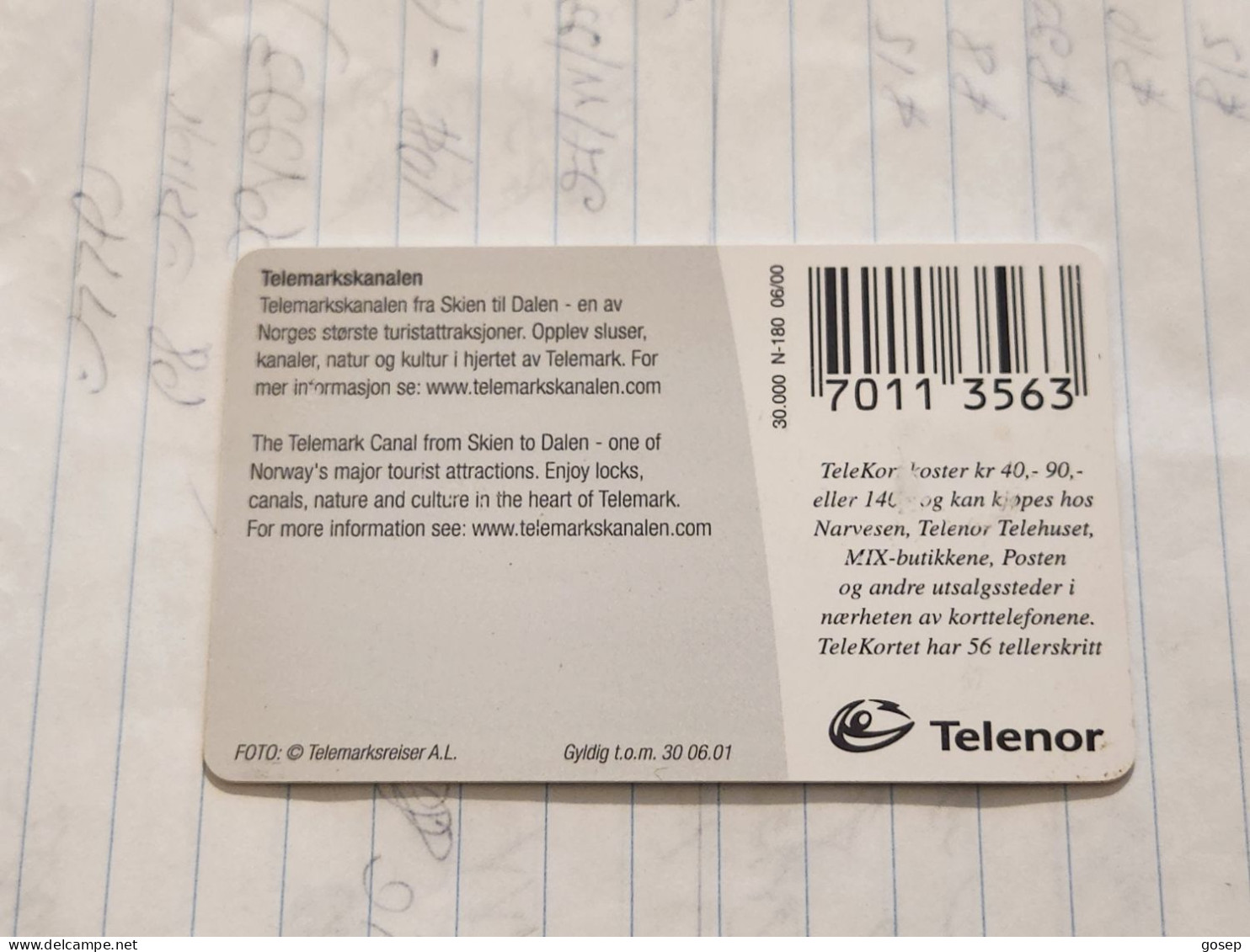 Norway-(N-180)-Telemarkskanalen-(KR 90)-(76)-(tirage-30.000)-used Card+1card Prepiad Free - Noorwegen