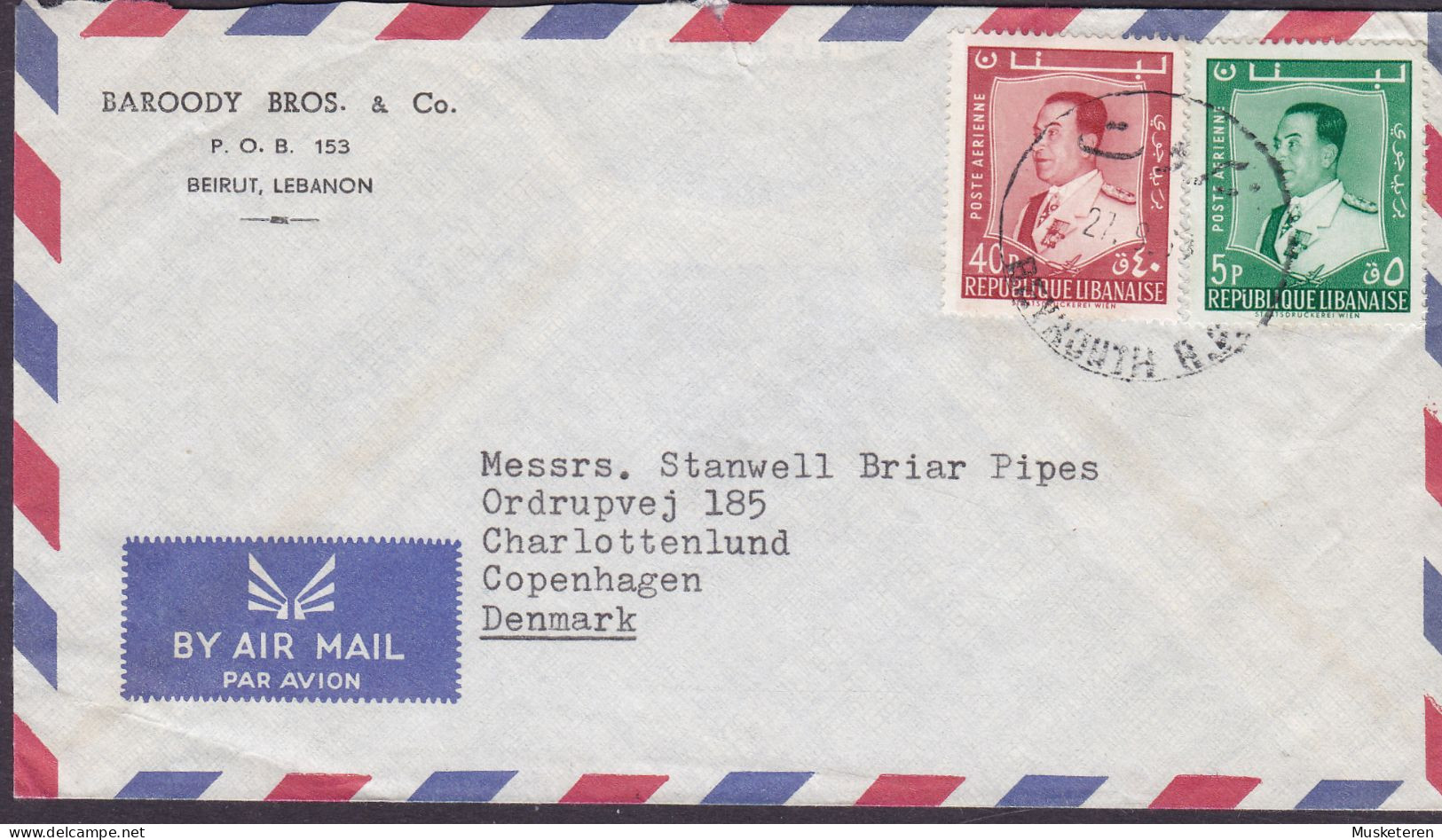 Lebanon Liban BAROODY BROS. & Co. BEIRUT 1959 Cover Lettre STANWELL Pipes Ordrupvej 185 CHARLOTTENLUND Denmark - Liban