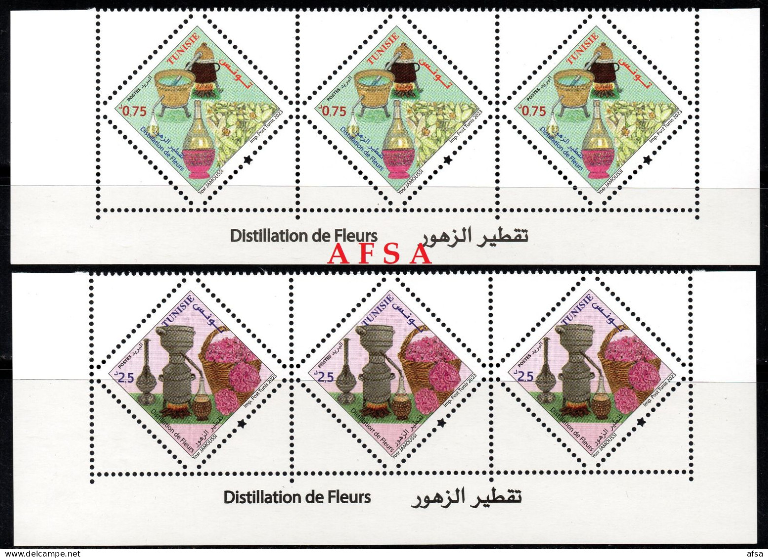 Tunisia 2023- Flowers Distillation(strip Of 3) MNH**// Distillation Des Fleurs-2 Bandes De 3 Valeurs- Neufs - Plantes Médicinales