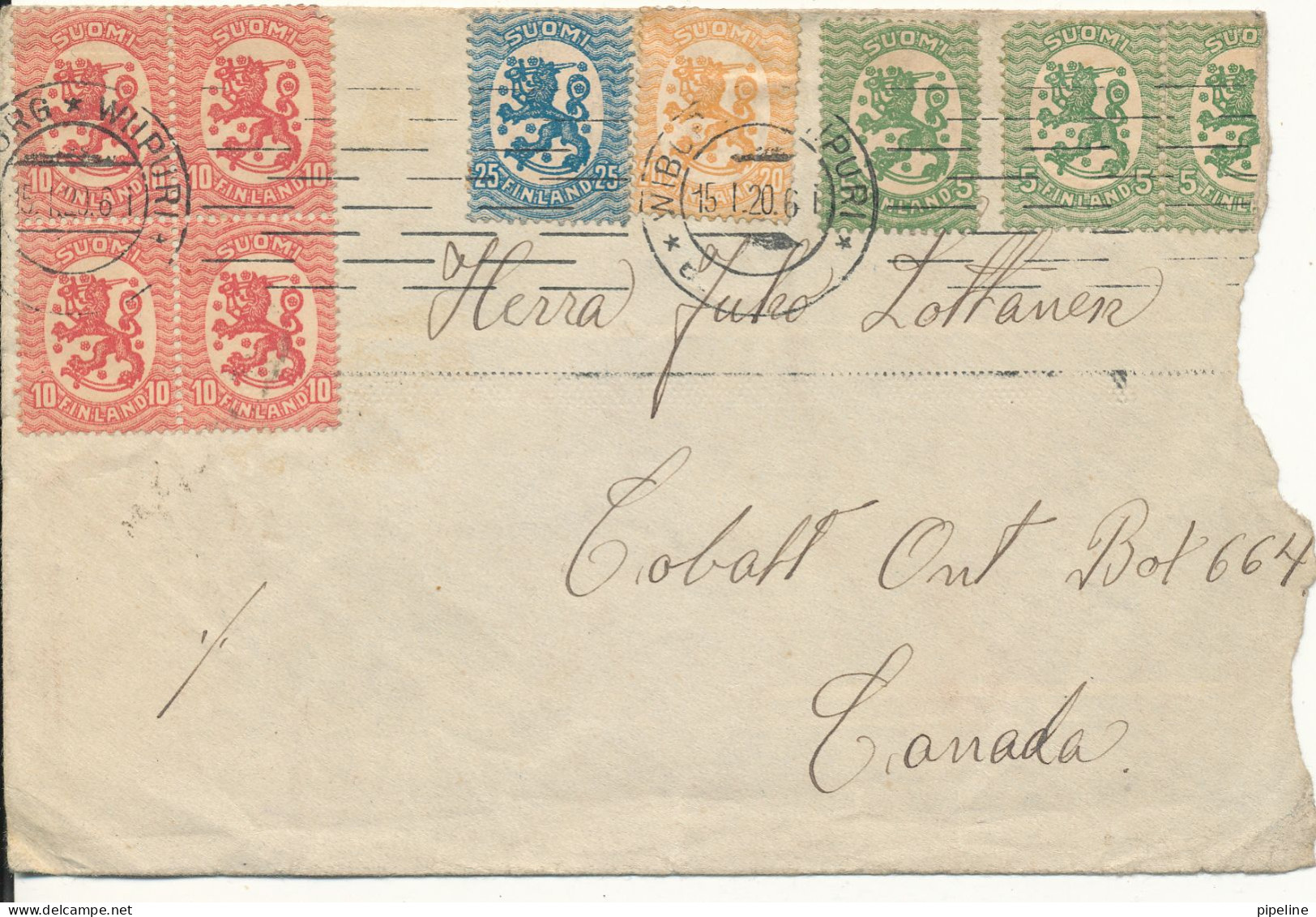 Finland Cover Sent To Canada 15-1-1920 The Cover Is Damaged In The Right Side By Opening - Cartas & Documentos