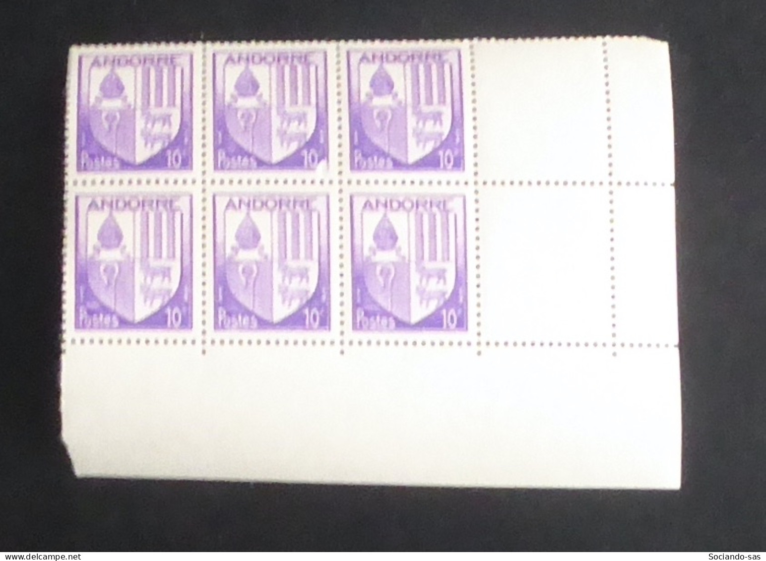 ANDORRE - 1944-46 - N°YT. 93 - Armoiries 10c Violet -  Bloc De 6 Bord De Feuille - Neuf Luxe** / MNH - Neufs
