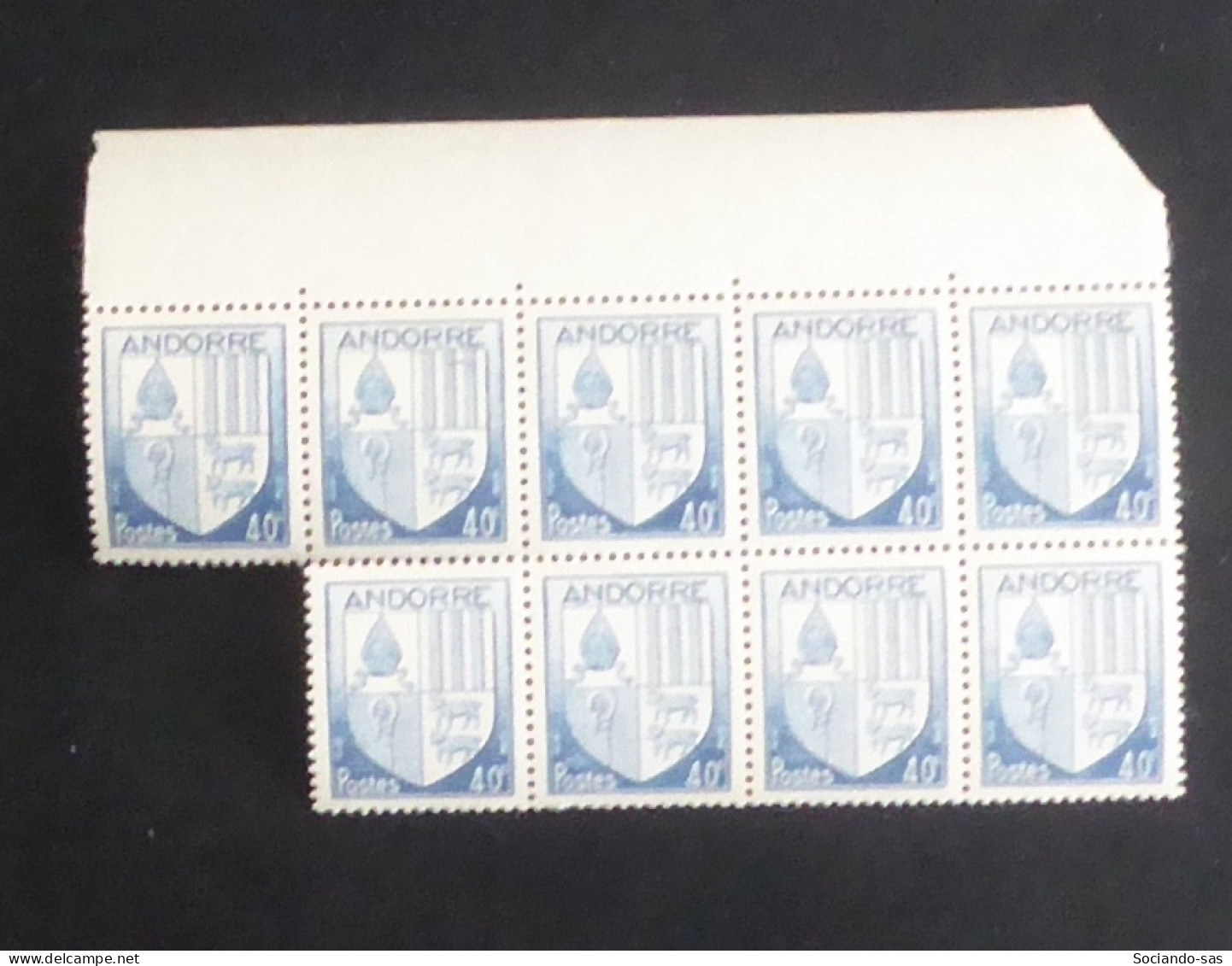 ANDORRE - 1944-46 - N°YT. 95 - Armoiries 40c Bleu -  Bloc De 9 Bord De Feuille - Neuf Luxe** / MNH - Neufs