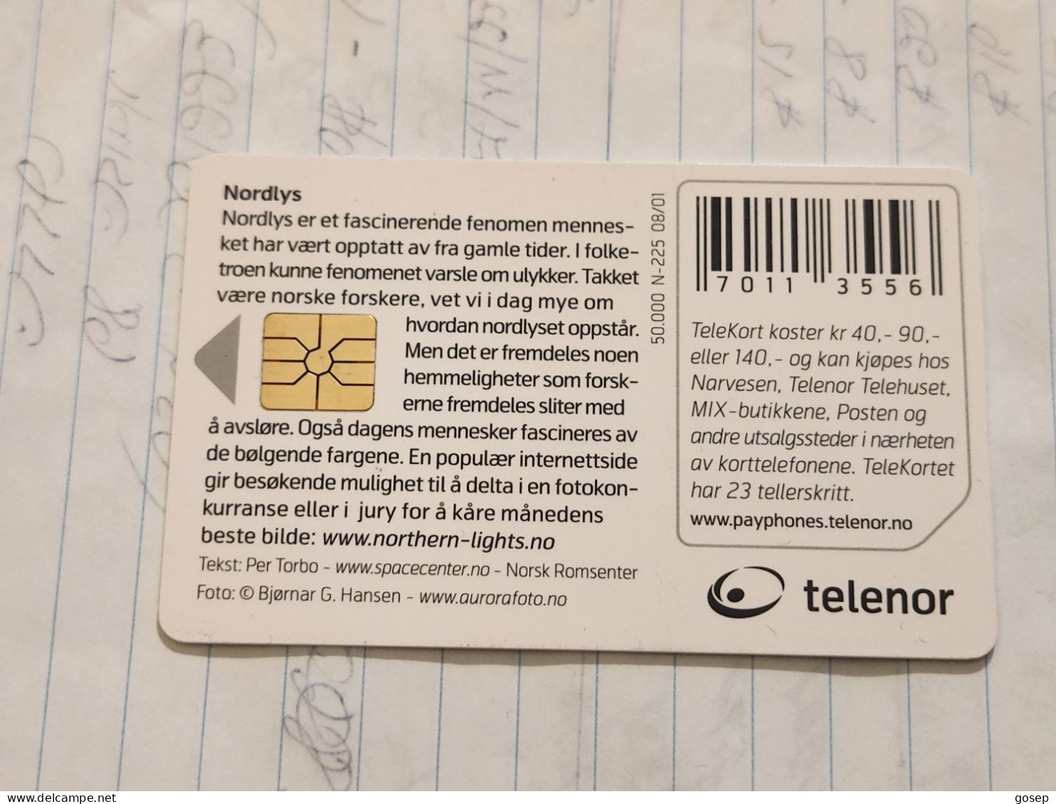 Norway-(N-216)-Nordlys-Northern Light-(NOK 40)-(81)-(tirage-50.000)-(8/2001)-used Card+1card Prepiad Free - Norway