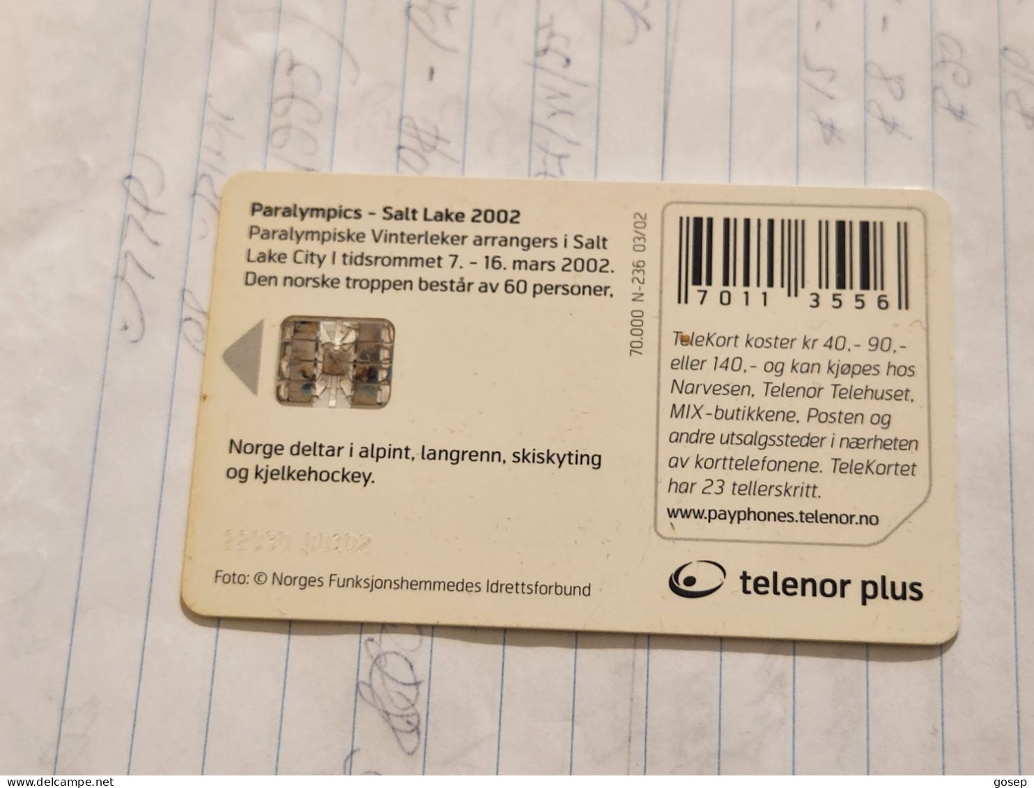Norway-(N-236)-Salt Lake-Logo-(NOK 40)-(82)-(tirage-70.000)-(22030-00102)-used Card+1card Prepiad Free - Norwegen