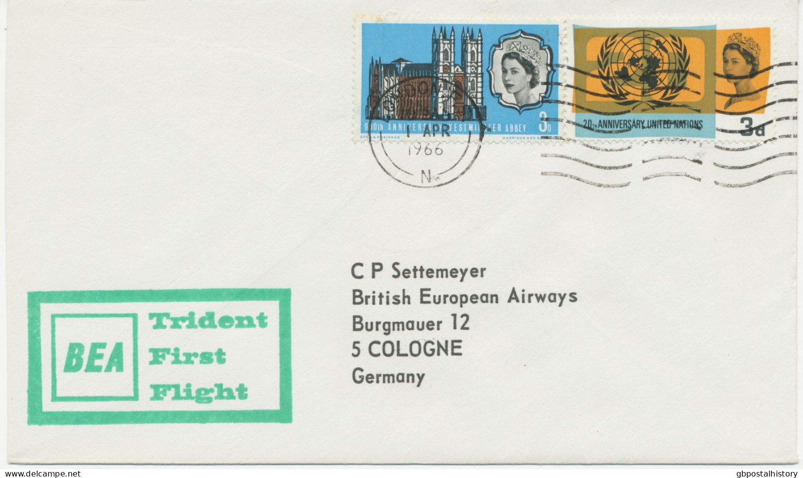 GB 1.4.1966, First Flight British European Airways (BEA) With Trident „LONDON – COLOGNE“ - Entiers Postaux