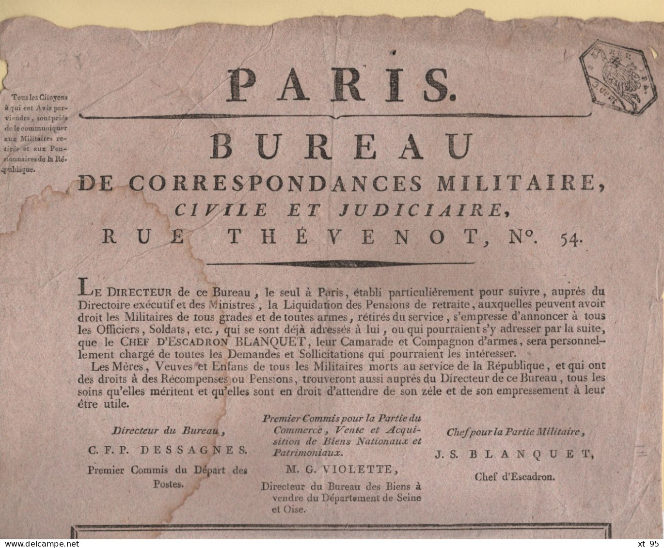 Paris - Bureau Des Correspondances Militaires - Affiche (format A3) Timbrée 3 Cent - Fiscal - 1701-1800: Precursors XVIII