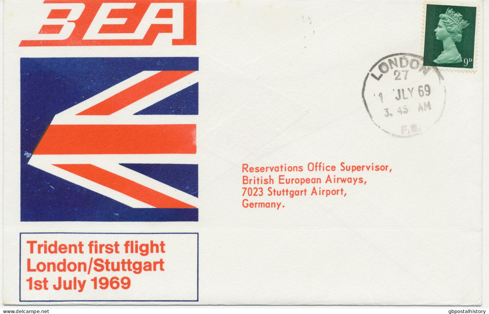GB 1969 First Flight British European Airways (BEA) W Trident „LONDON – STUTTGART“ W Skeleton Postmark LONDON / 27 / F.S - Entiers Postaux