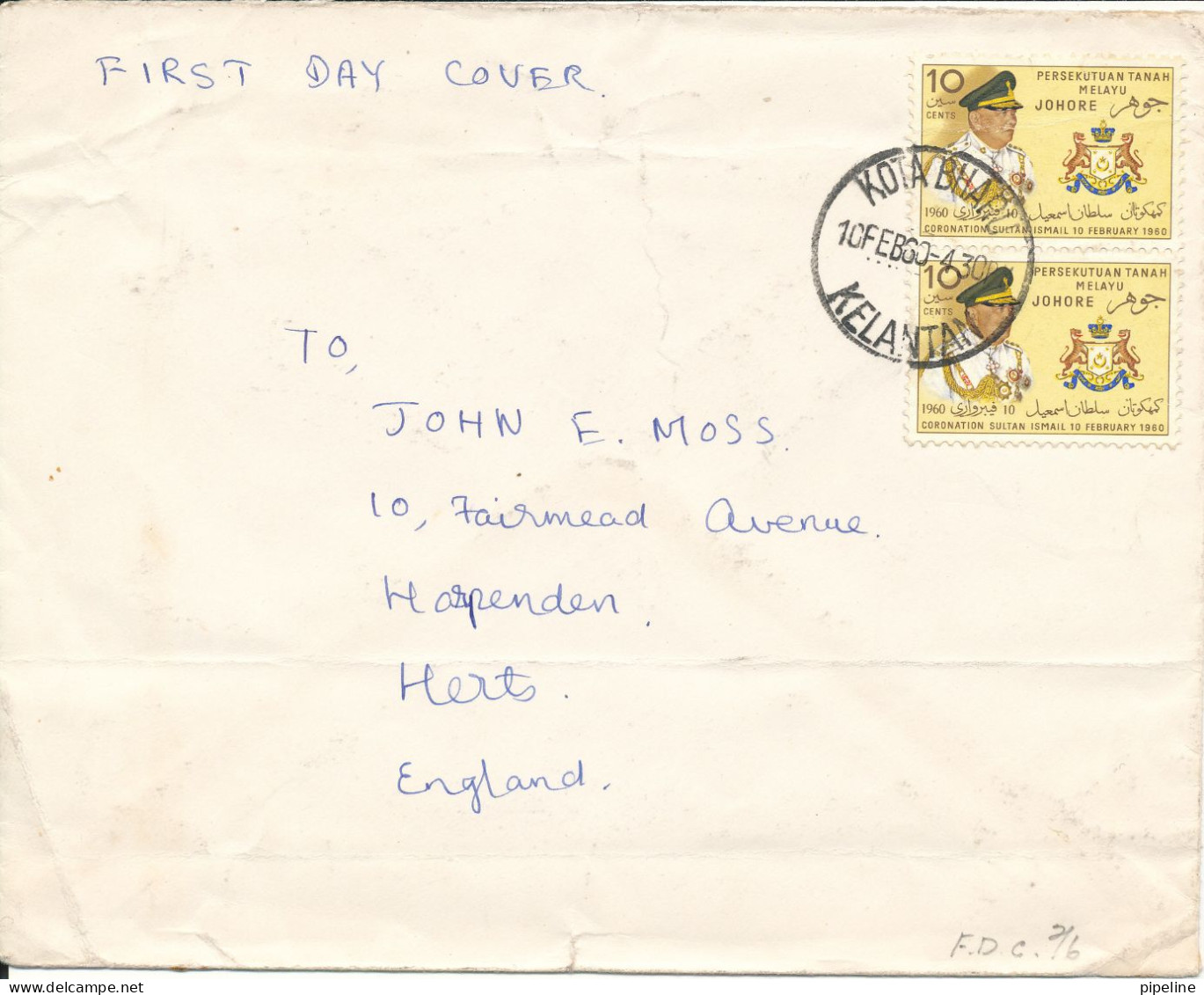 Johore Cover Sent To England Kota Bharu Kelantan 10-2-1960 Folded Cover And With 4 Hinged Marks On The Backside Of The C - Johore