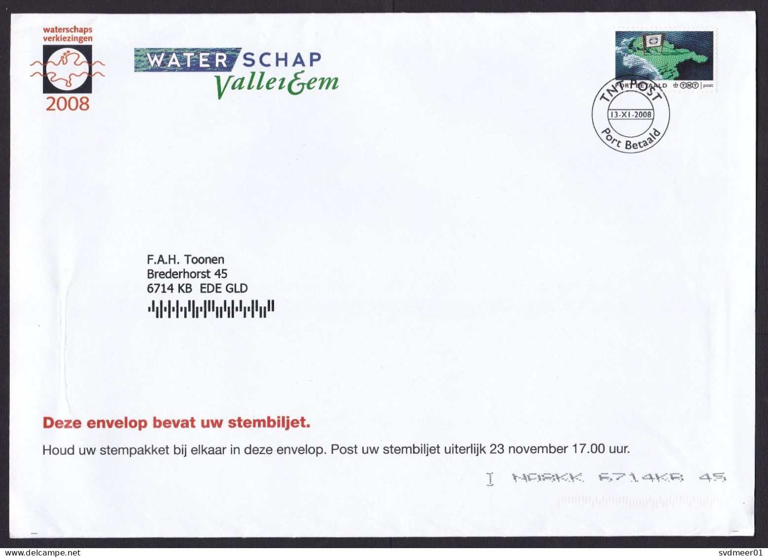 Netherlands: Cover, 2008, 1 Cinderella Stamp, Postage Paid TNT Post, Map, Waterschap Vallei & Eem, Water (minor Creases) - Covers & Documents