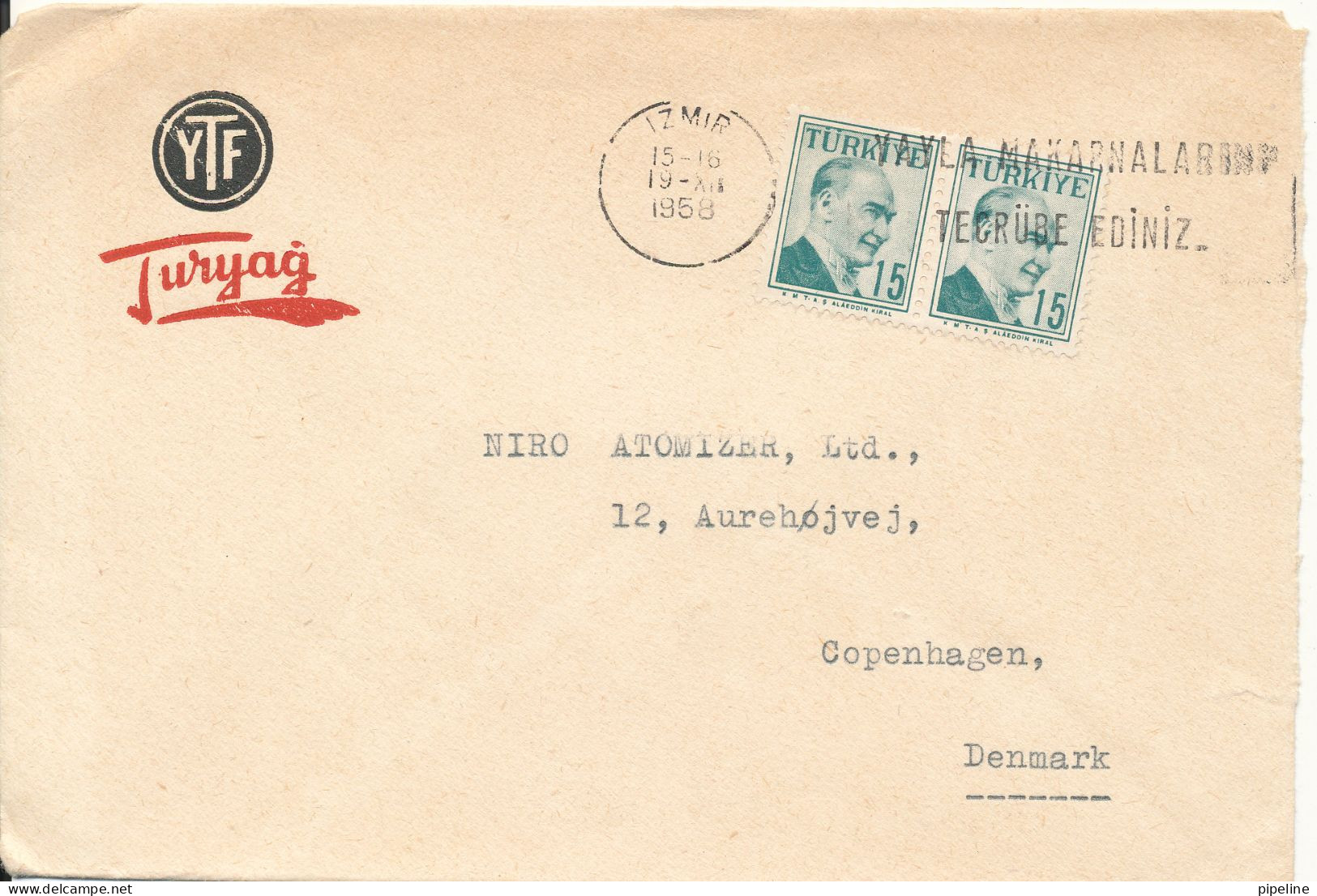 Turkey Cover Sent To Denmark Izmir 19-12-1958  A Tear In The Right Side Of The Cover - Brieven En Documenten