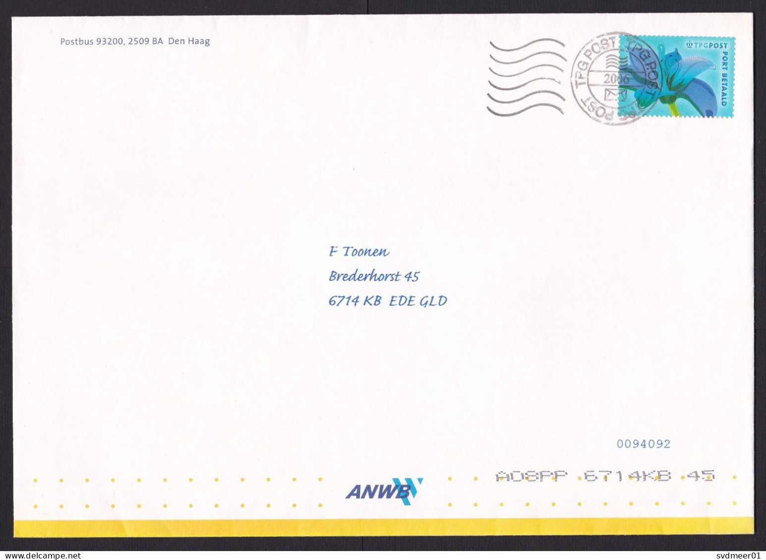 Netherlands: Cover, 1 Cinderella Stamp, Postage Paid TPG Post, Lily Flower, Sent By ANWB (traces Of Use) - Storia Postale