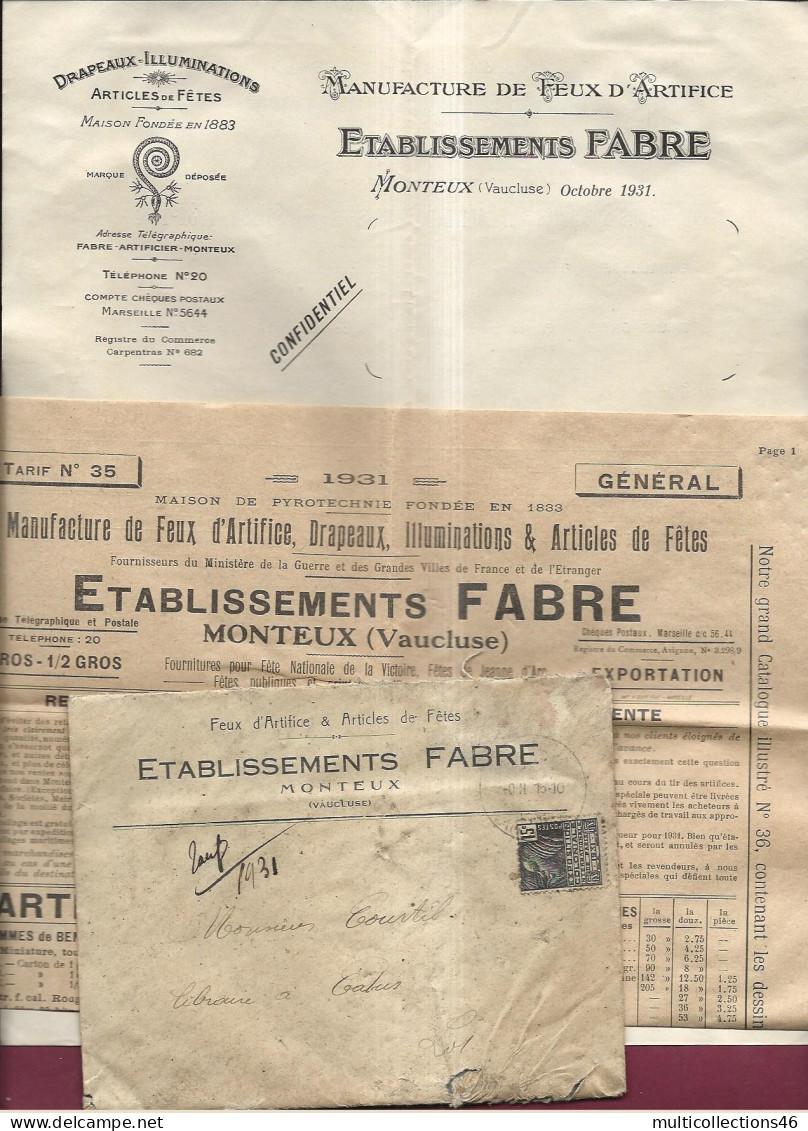 310124 - MONTEUX Ets FABRE Enveloppe Voyagée 1931 Tarif Artifice Chandelle PYROTECHNIE Et Conditions Commandes - Monteux