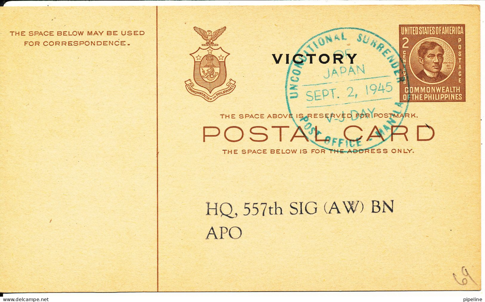 Philippines Postal Stationery Commenwealth Victory Unconditional Surrender Of Japan 2-9-1945 - Filippijnen