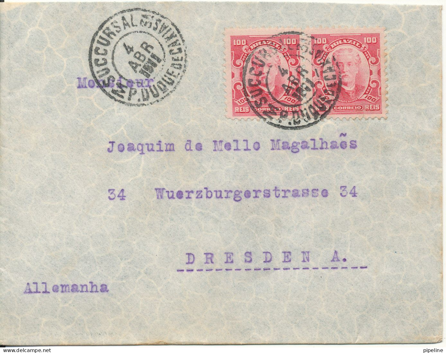 Brazil Cover Sent To Germany 4-4-1911 Very Nice Cover - Briefe U. Dokumente
