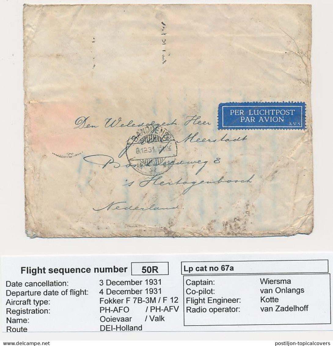 Crash Mail Cover Netherlands Indies - S Hertogenbosch 1931 - Nierinck 311206 Ooievaar - Bangkok Siam / Thailand - Airmail