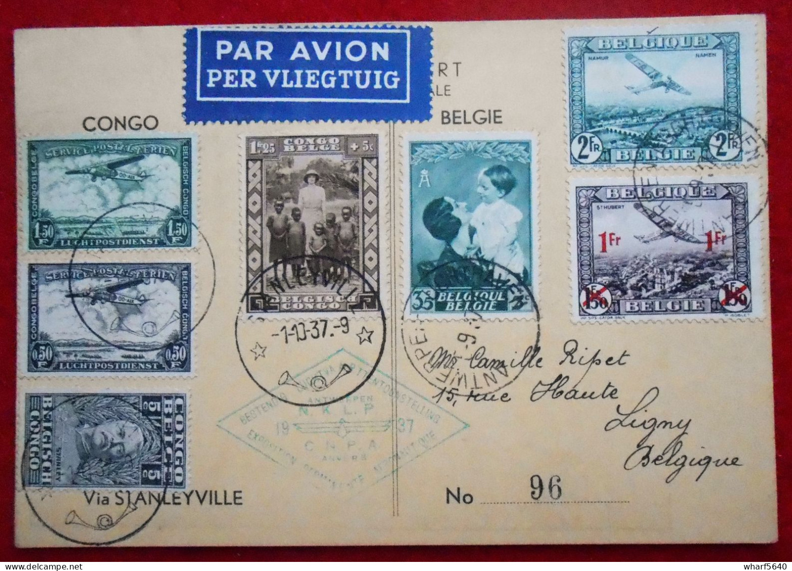 CPA 1937 Propagande Aéronautique Anvers/ Timbres Congo, Belgique, Poste Aérienne. De Stanleyville Vers Ligny - Oblitérés