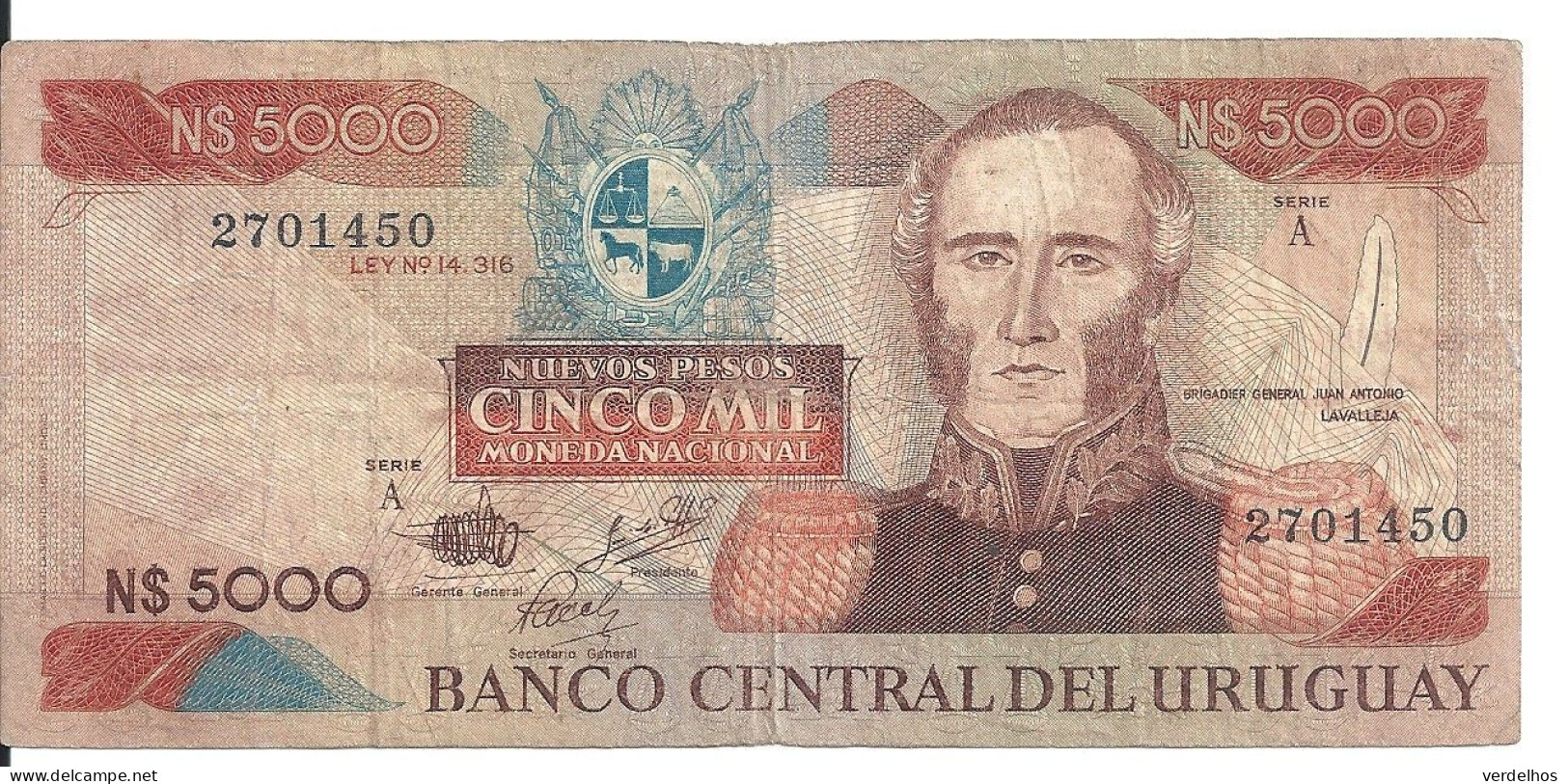 URUGUAY 5000 NUEVOS PESOS ND1983 VF P 65 - Uruguay