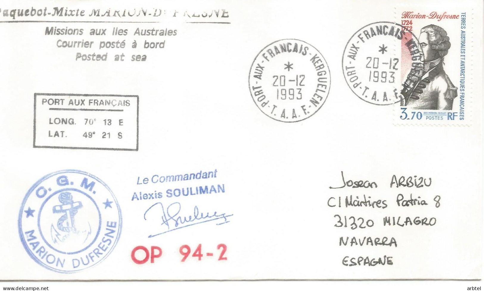 ANTARTIDA ANTARCTIC TAAF MARION DUFRESNE 1993 PORT AUX FRANÇAIS OP 94-2 - Expéditions Antarctiques