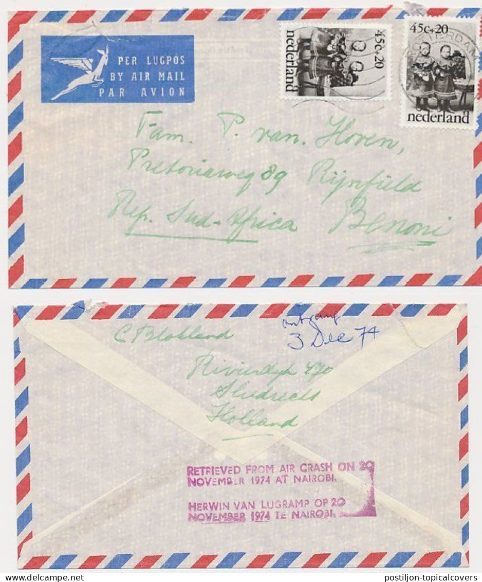 Crash Mail Cover Sliedrecht The Netherlands - USA 1974 - Nierinck 741120 - Nairobi Kenya - Poste Aérienne