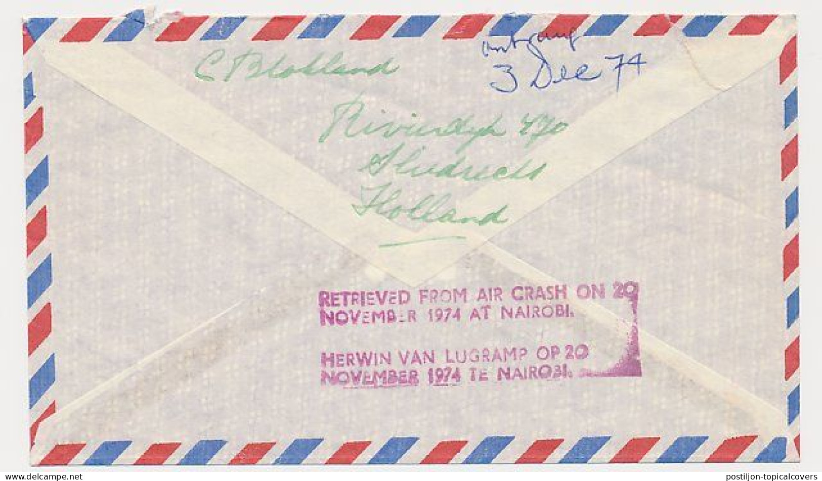 Crash Mail Cover Sliedrecht The Netherlands - USA 1974 - Nierinck 741120 - Nairobi Kenya - Luftpost