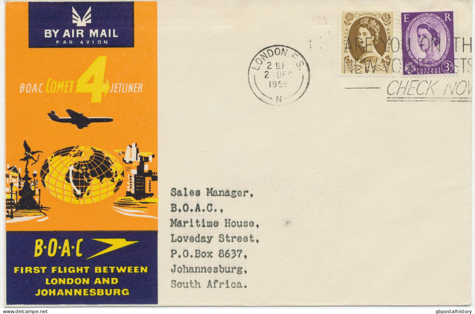 GB 2.12.1959, First Flight British Overseas Airways Corporation (BOAC - Existed From 1939 To 1974) With Comet 4 Jetliner - Stamped Stationery, Airletters & Aerogrammes