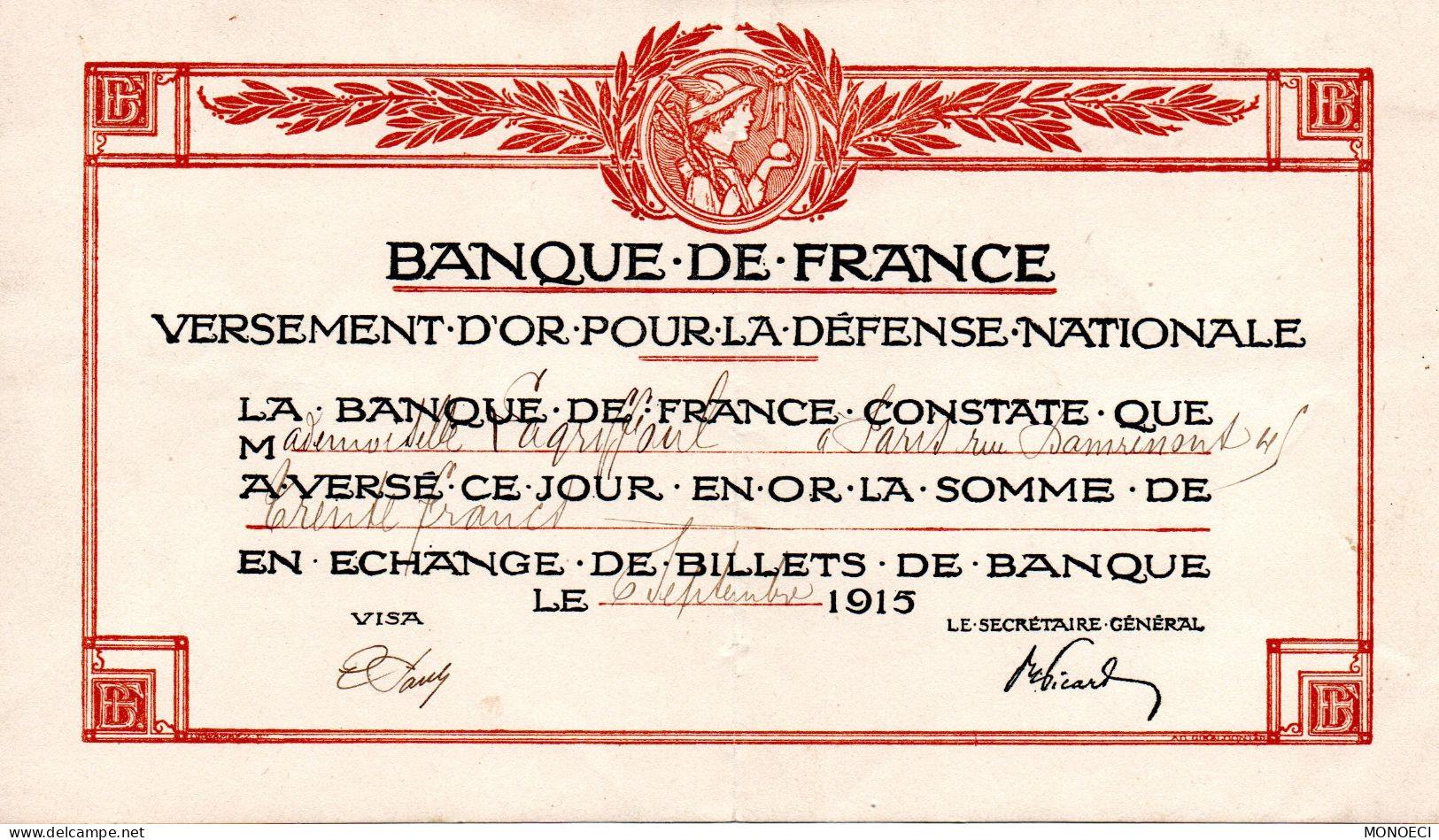 FRANCE -- Reçu Versement D' OR Pour La Défense Nationale -- 6 Septembre 1915 -- BANQUE De FRANCE - Usados