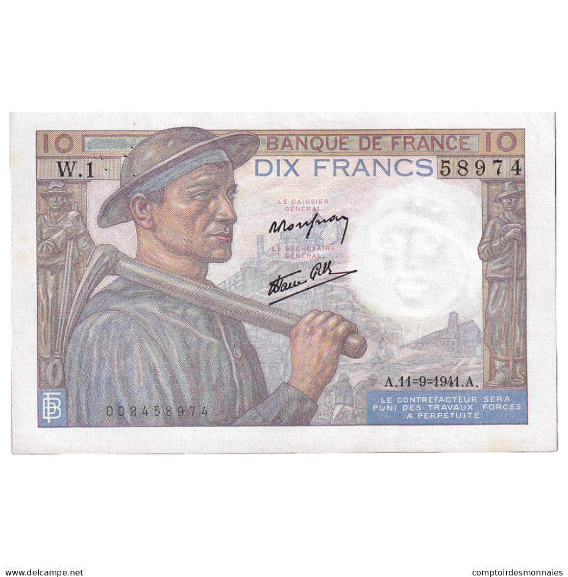 France, 10 Francs, Mineur, 1941, W.1, PREMIER ALPHABET, TTB+, Fayette:08.01 - 10 F 1941-1949 ''Mineur''