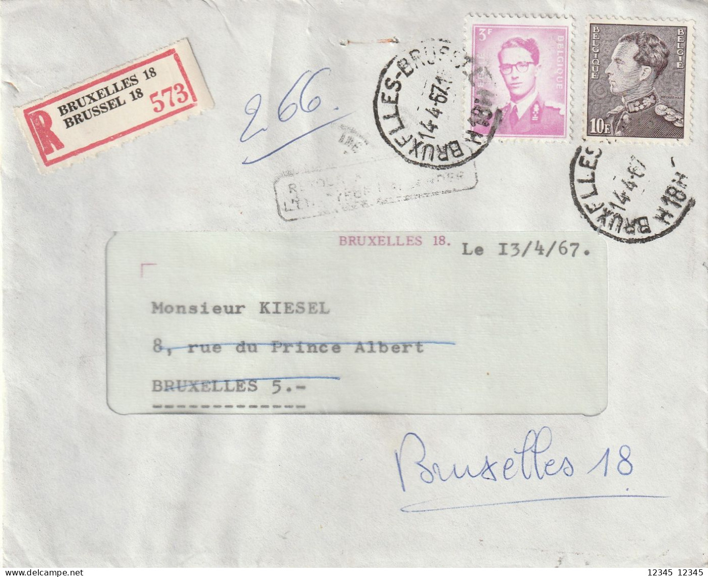 Registered Letter 14-4-1967 From Brussel, Absent Elsene 2-5-67 (letter Not Opened) - Lettres & Documents