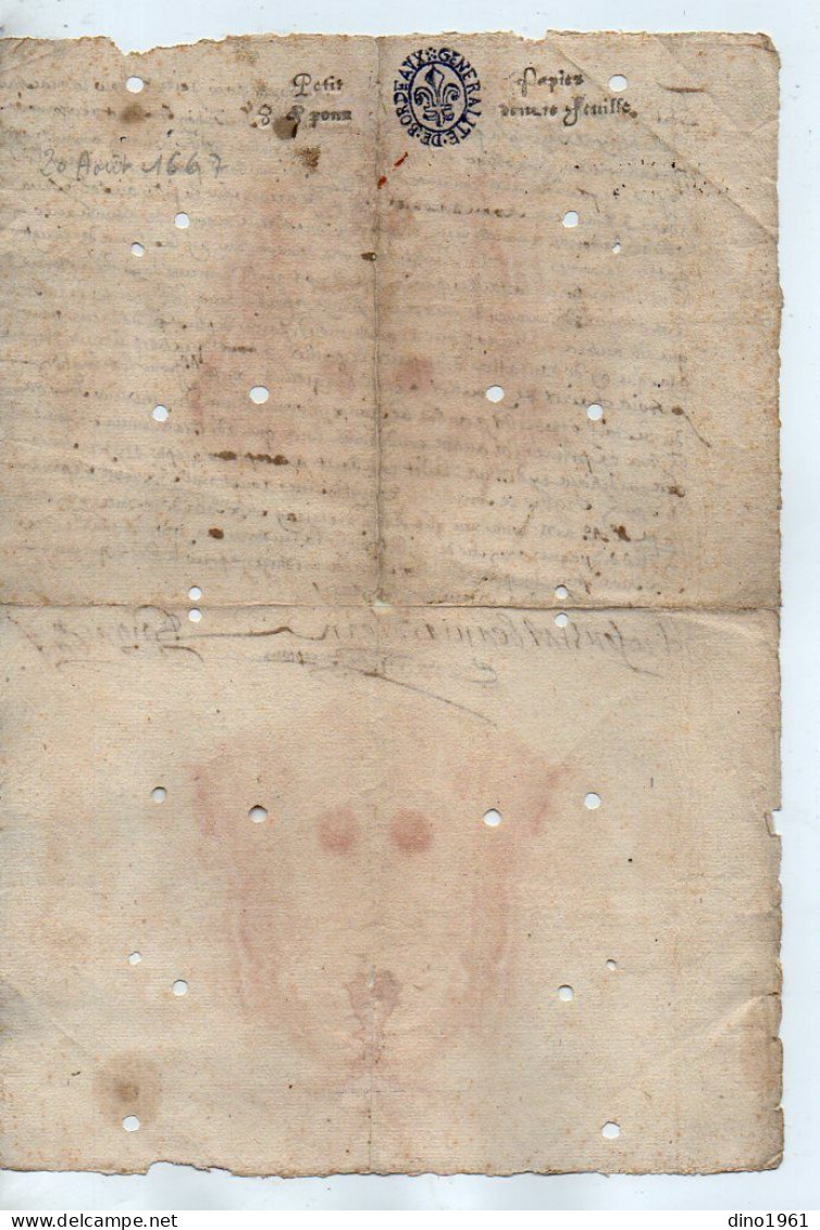 VP22.966 - Cachet De Généralité De BORDEAUX - Acte De 1667 - - Algemene Zegels