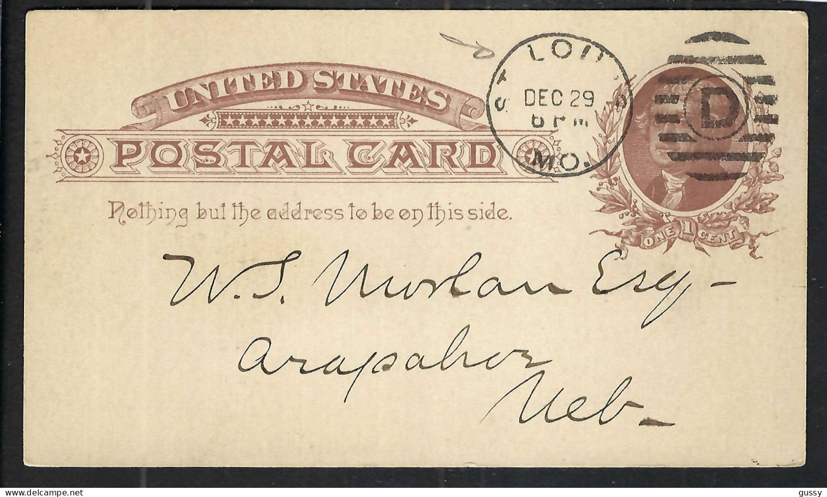 ETATS UNIS Ca.1880: CP Entier De 1c De St Louis (Mo) à Arapahoe (Neb.) Avec Fancy Cancel "circled D" - ...-1900