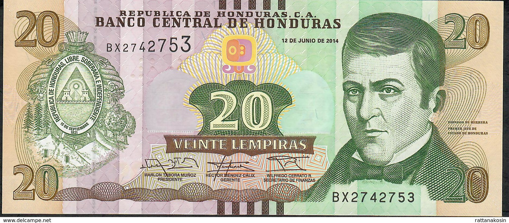 HONDURAS P100b 20 LEMPIRAS 2014 #BX         UNC. - Honduras